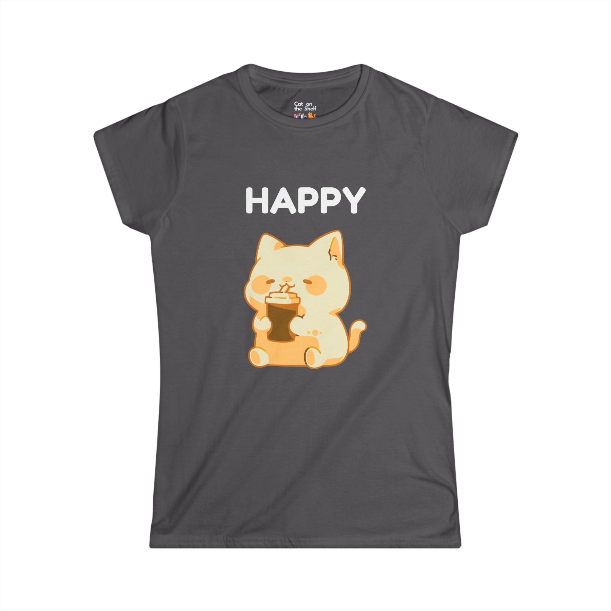 Happy Cute Cat Drinking Coffee Women's Soft Tee