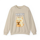 Happy Cute Cat Drinking Coffee Unisex Heavy Blend™ Crewneck Sweatshirt