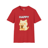 Happy Cute Cat Drinking Coffee Unisex Softstyle T-Shirt