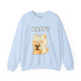 Happy Cute Cat Drinking Coffee Unisex Heavy Blend™ Crewneck Sweatshirt