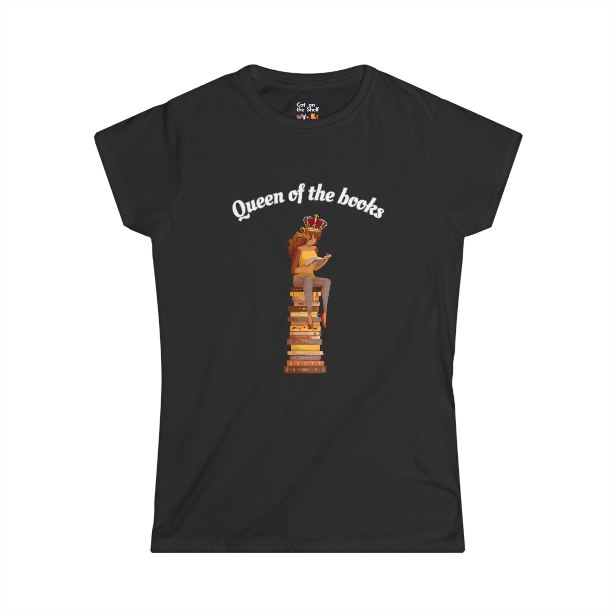 Queen of the Books Girl on Stack of Books Women's Soft Tee