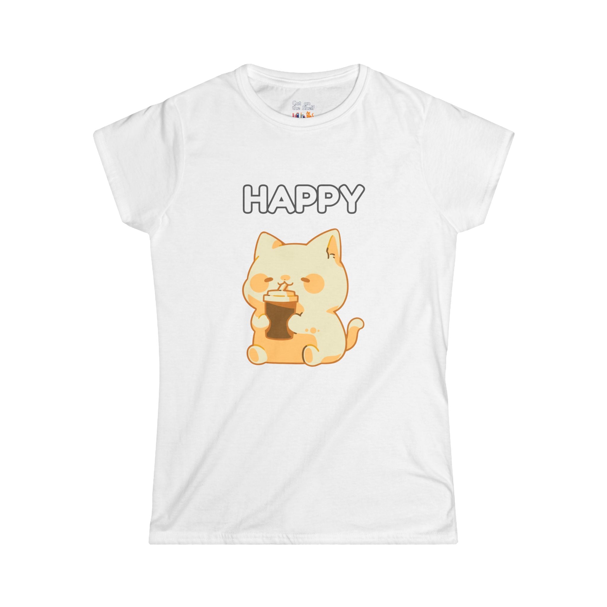 Happy Cute Cat Drinking Coffee Women's Soft Tee