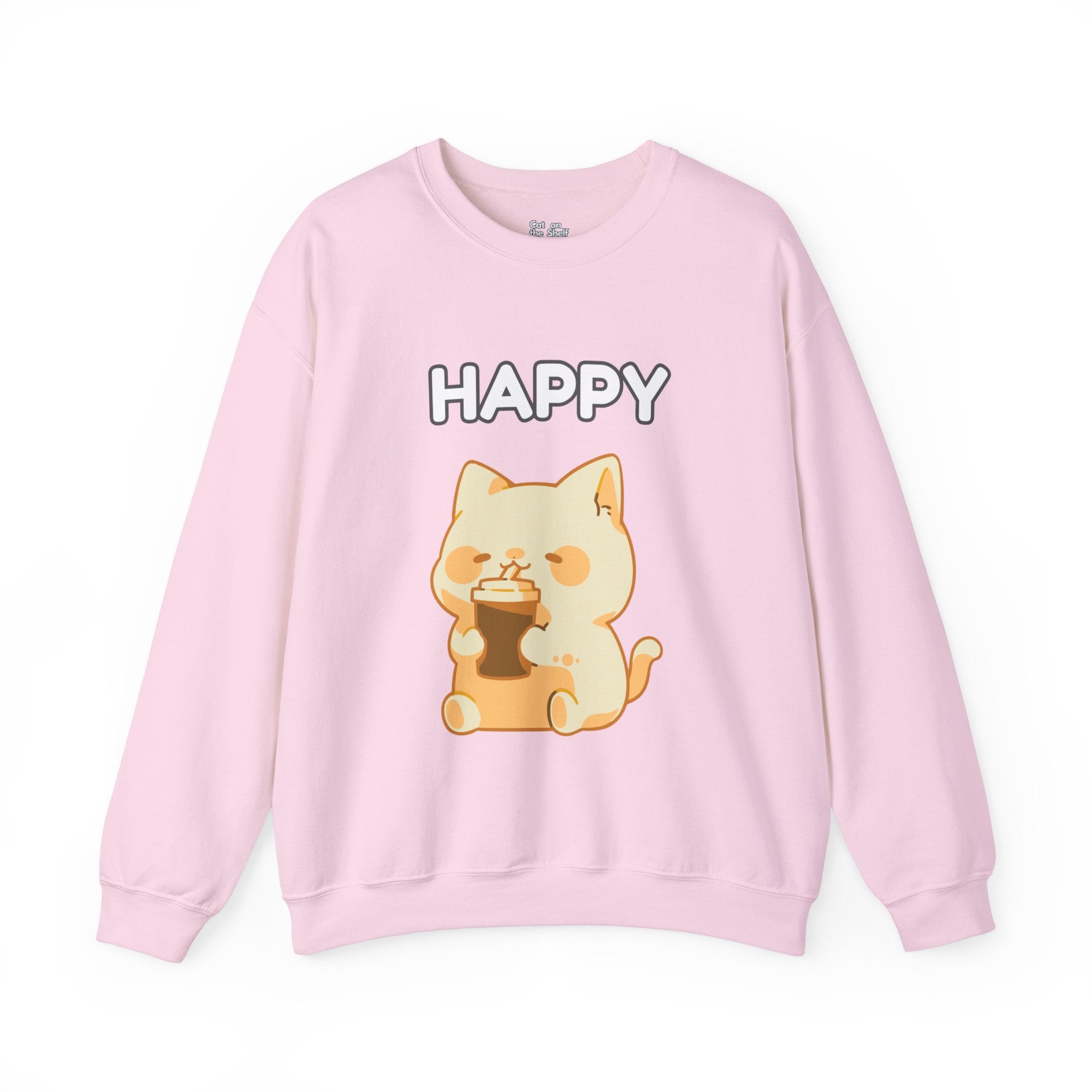 Happy Cute Cat Drinking Coffee Unisex Heavy Blend™ Crewneck Sweatshirt