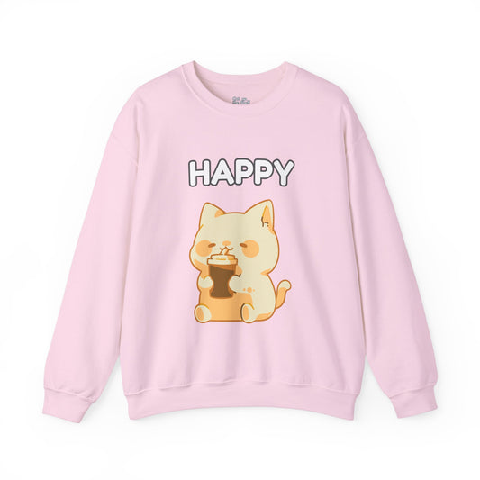 Happy Cute Cat Drinking Coffee Unisex Heavy Blend™ Crewneck Sweatshirt