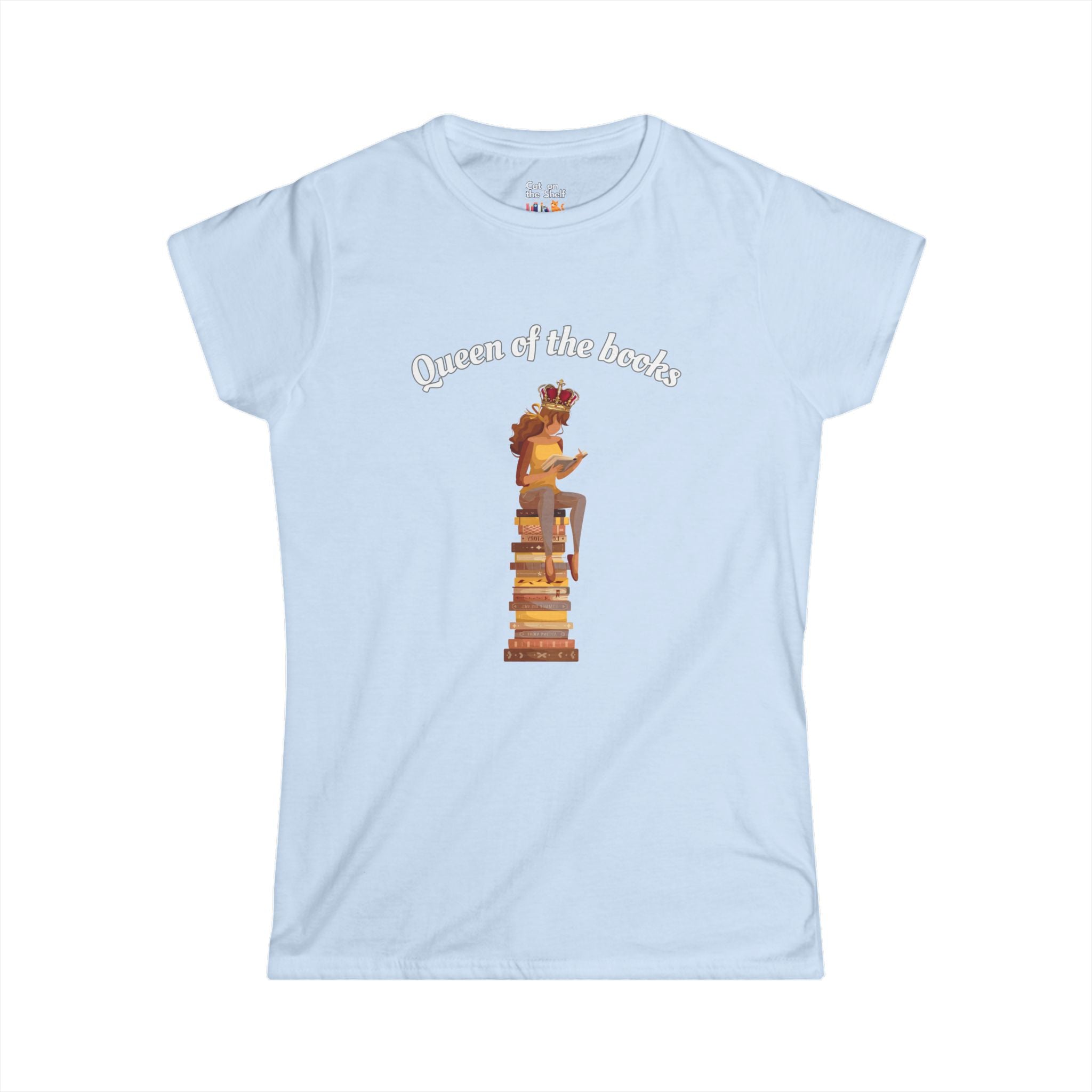 Queen of the Books Girl on Stack of Books Women's Soft Tee