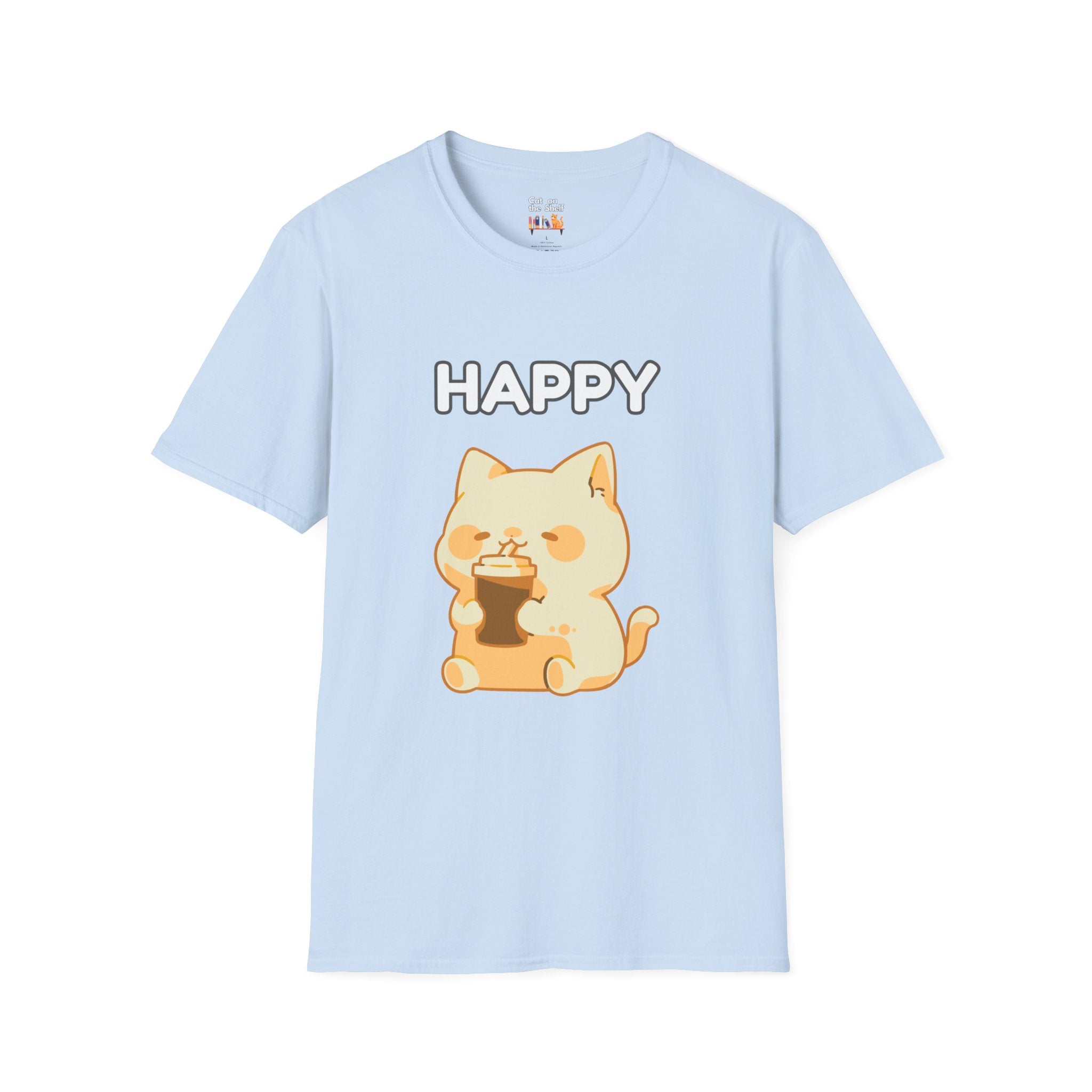 Happy Cute Cat Drinking Coffee Unisex Softstyle T-Shirt