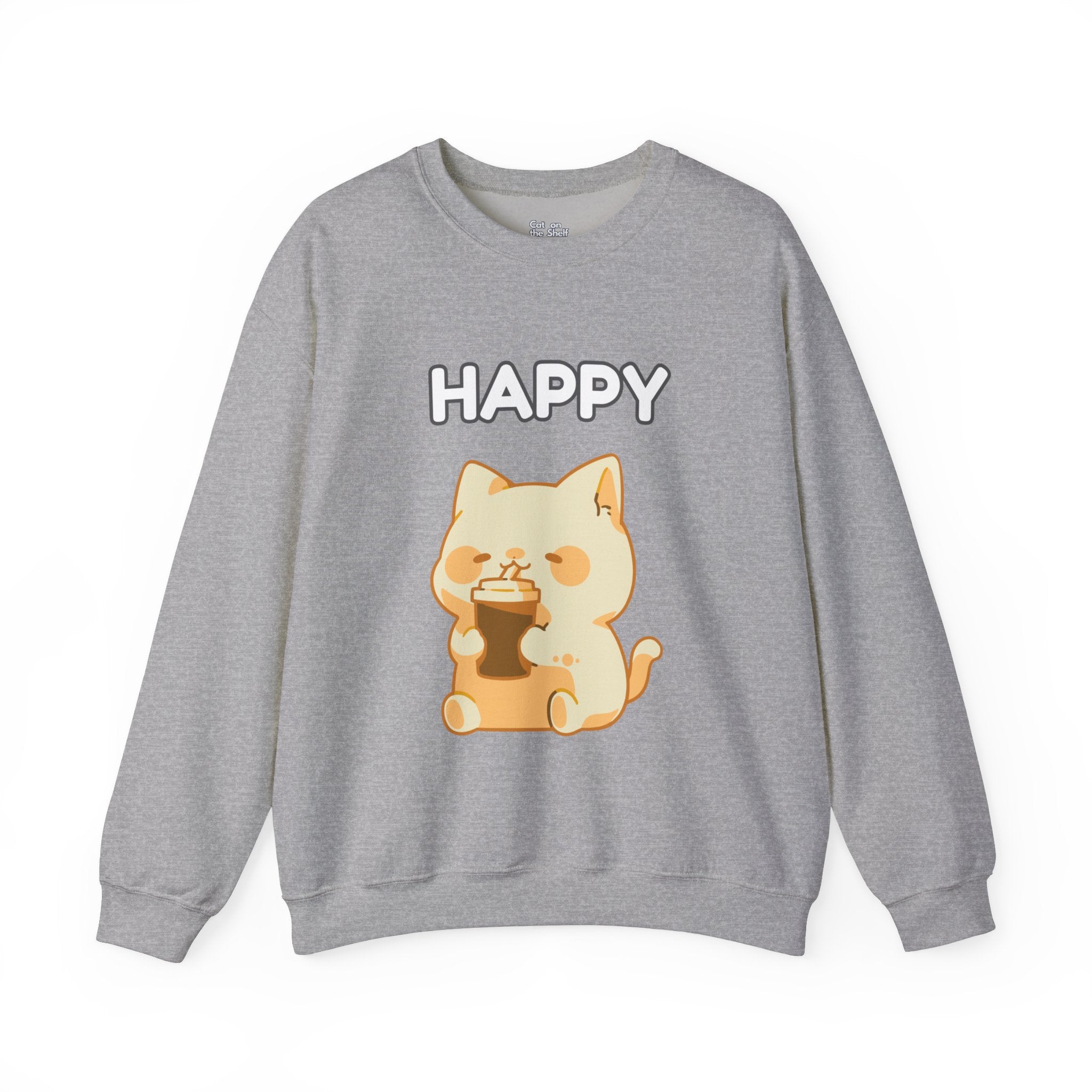 Happy Cute Cat Drinking Coffee Unisex Heavy Blend™ Crewneck Sweatshirt