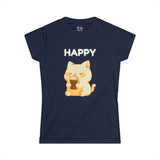 Happy Cute Cat Drinking Coffee Women's Soft Tee