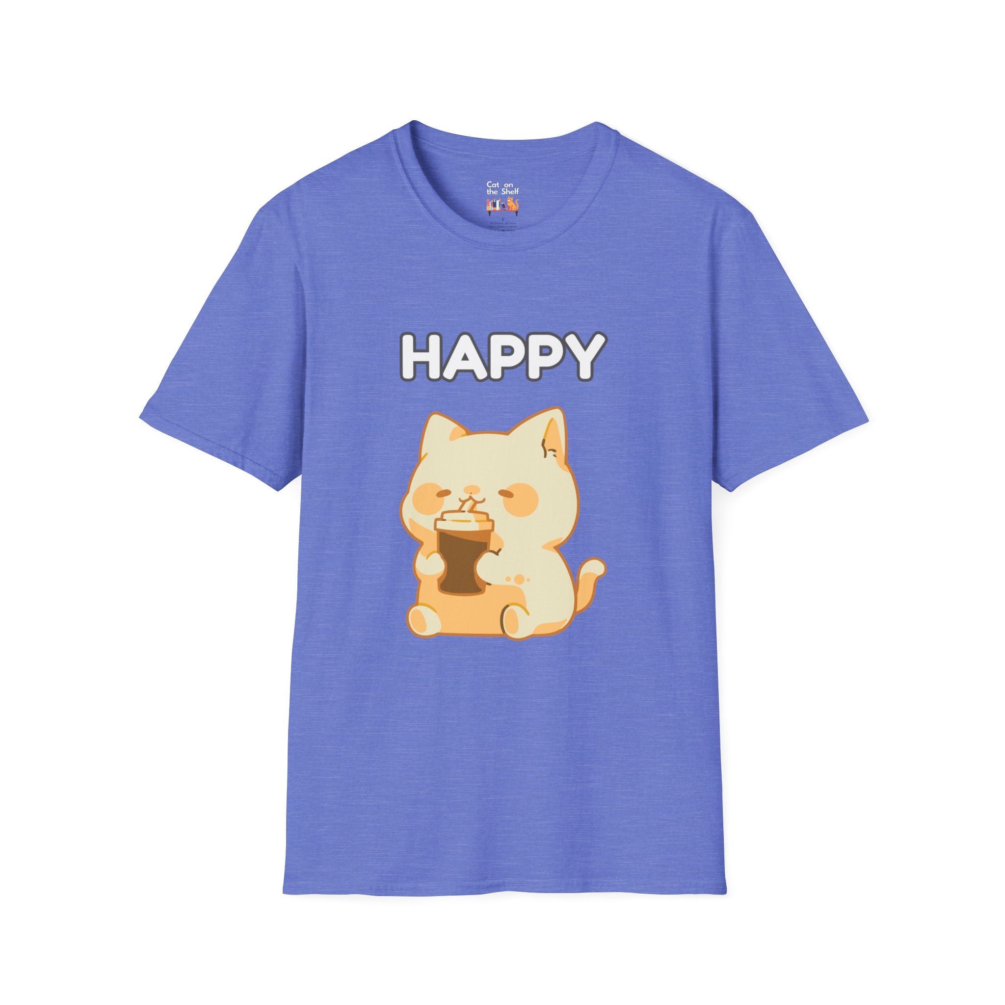 Happy Cute Cat Drinking Coffee Unisex Softstyle T-Shirt