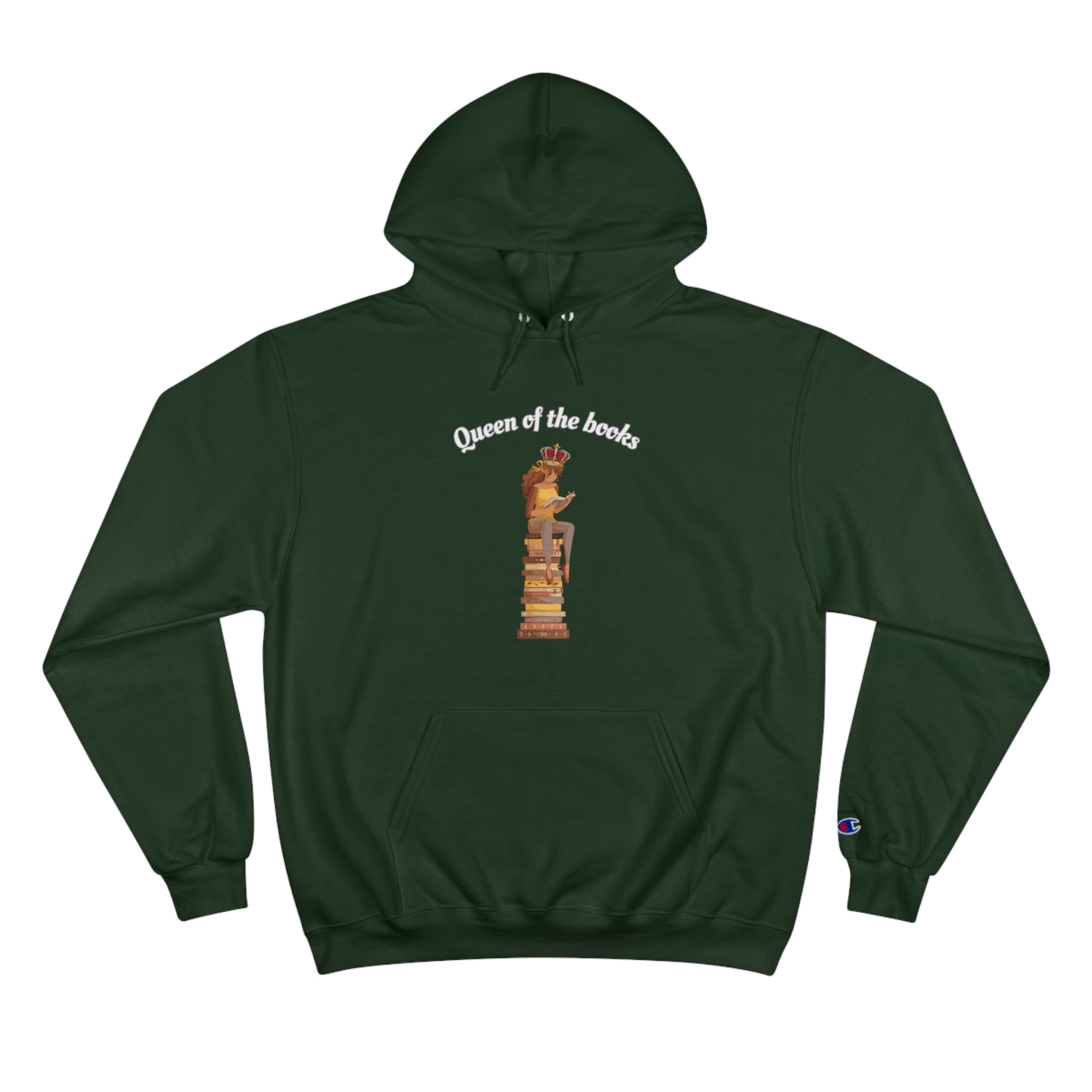 Queen of the Books Girl on Stack of Books Champion Hoodie