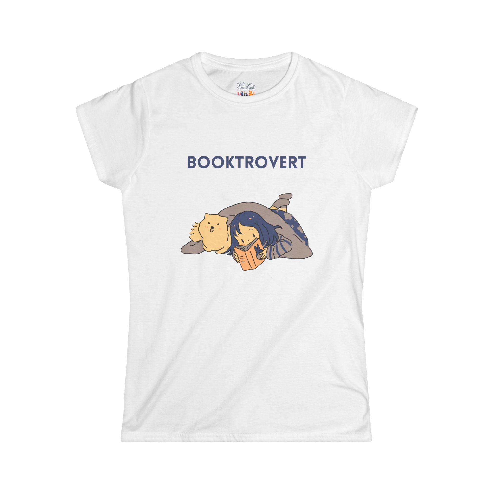 Booktrovert Girl Reading in Bed with Dog Women's Soft Tee