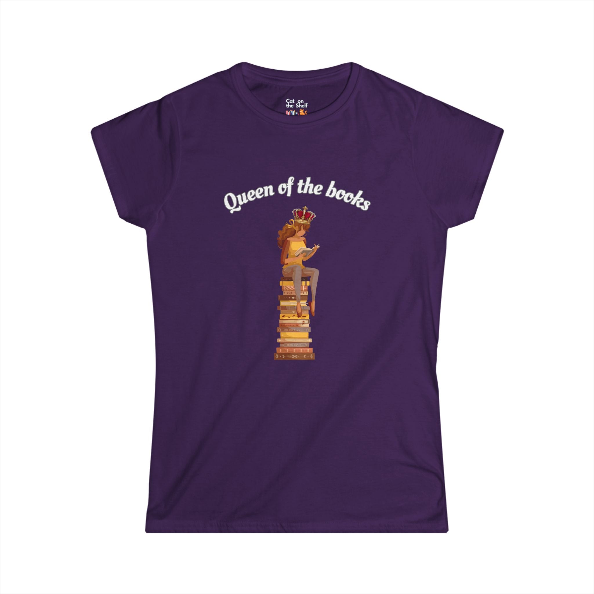 Queen of the Books Girl on Stack of Books Women's Soft Tee