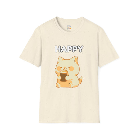 Happy Cute Cat Drinking Coffee Unisex Softstyle T-Shirt