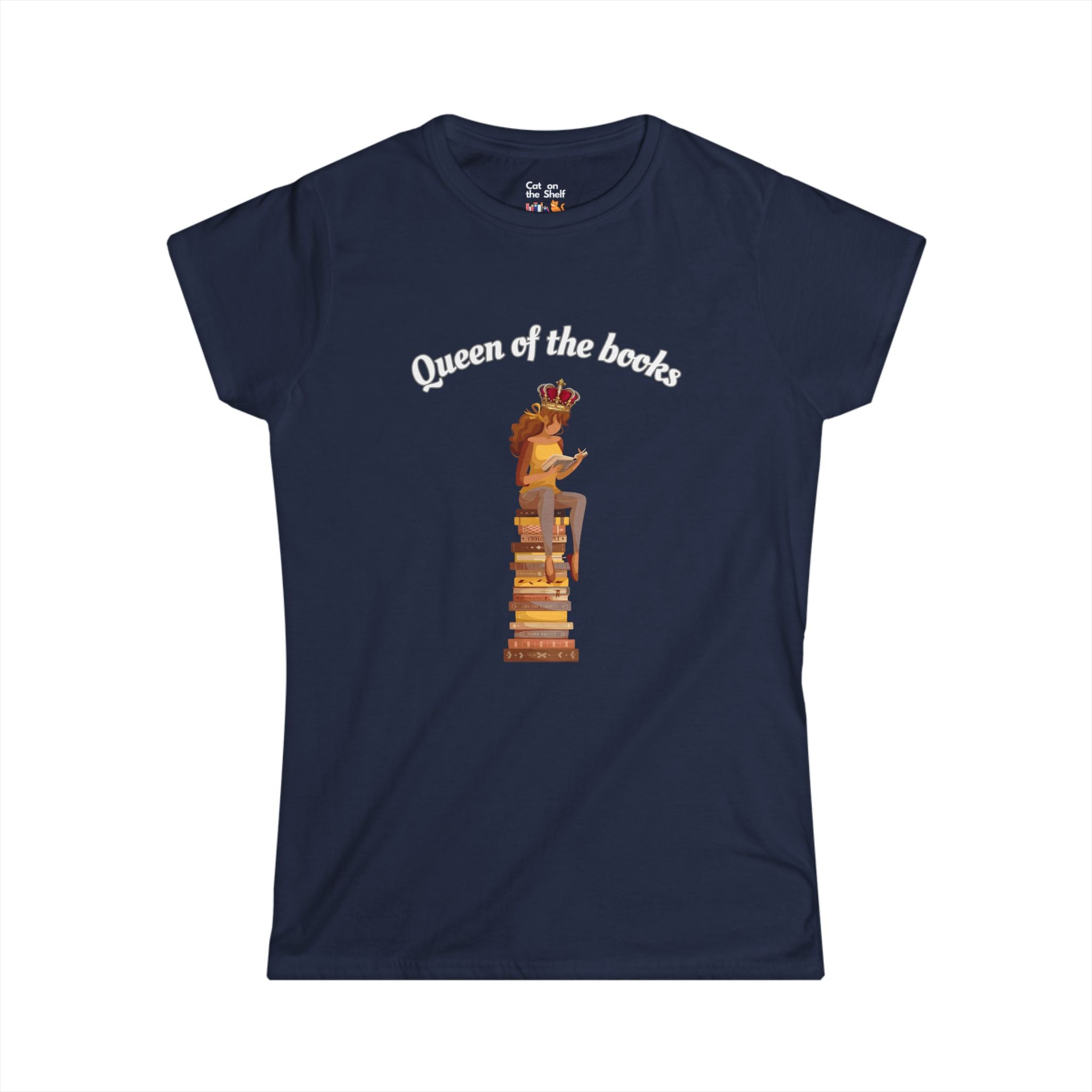 Queen of the Books Girl on Stack of Books Women's Soft Tee