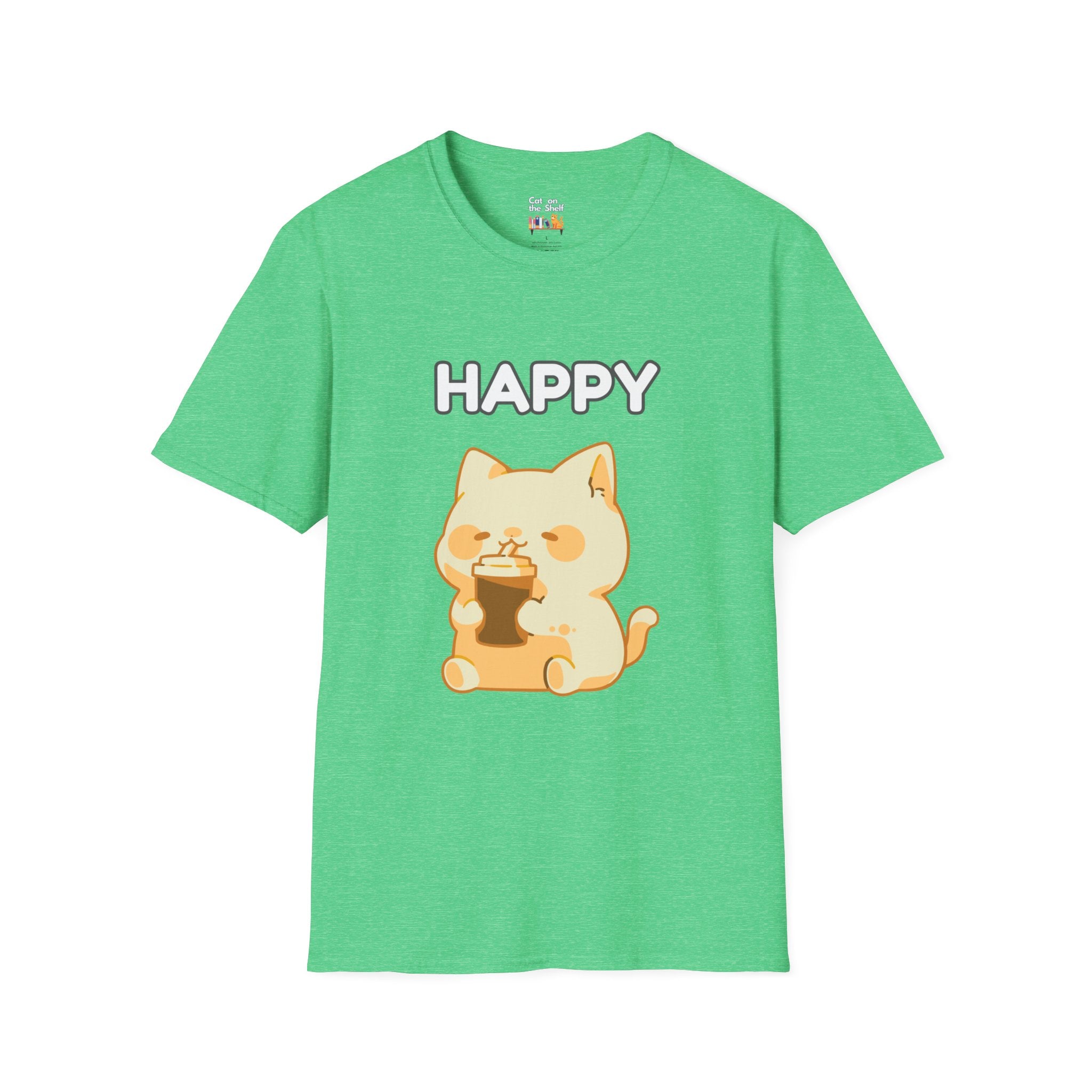 Happy Cute Cat Drinking Coffee Unisex Softstyle T-Shirt