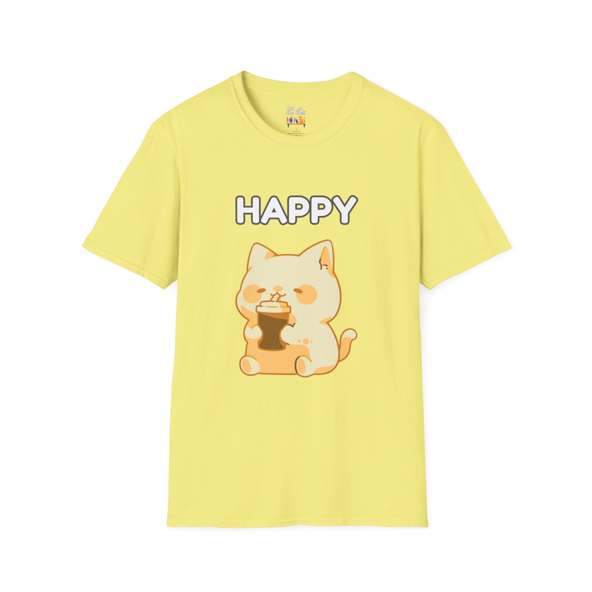 Happy Cute Cat Drinking Coffee Unisex Softstyle T-Shirt