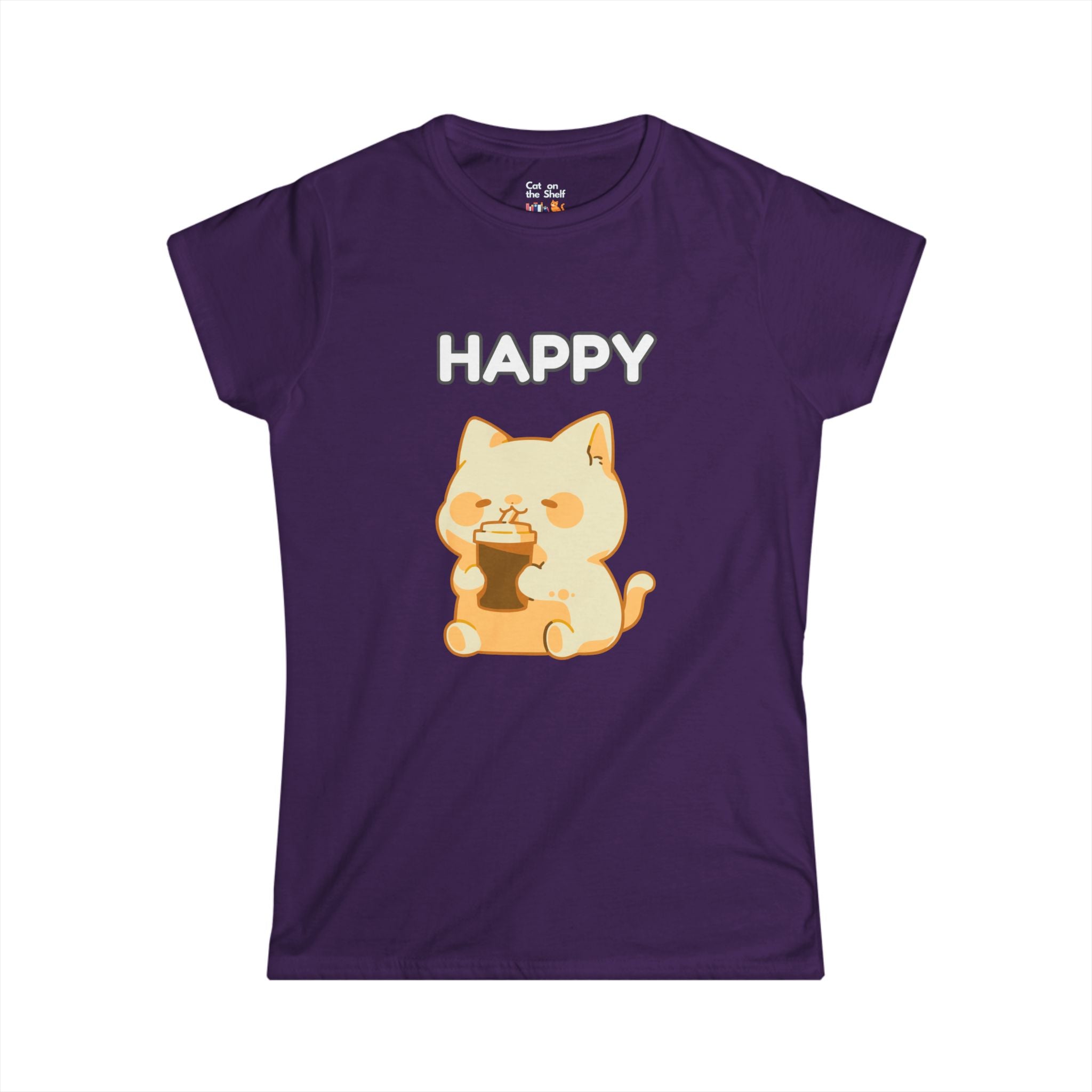 Happy Cute Cat Drinking Coffee Women's Soft Tee