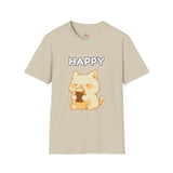 Happy Cute Cat Drinking Coffee Unisex Softstyle T-Shirt