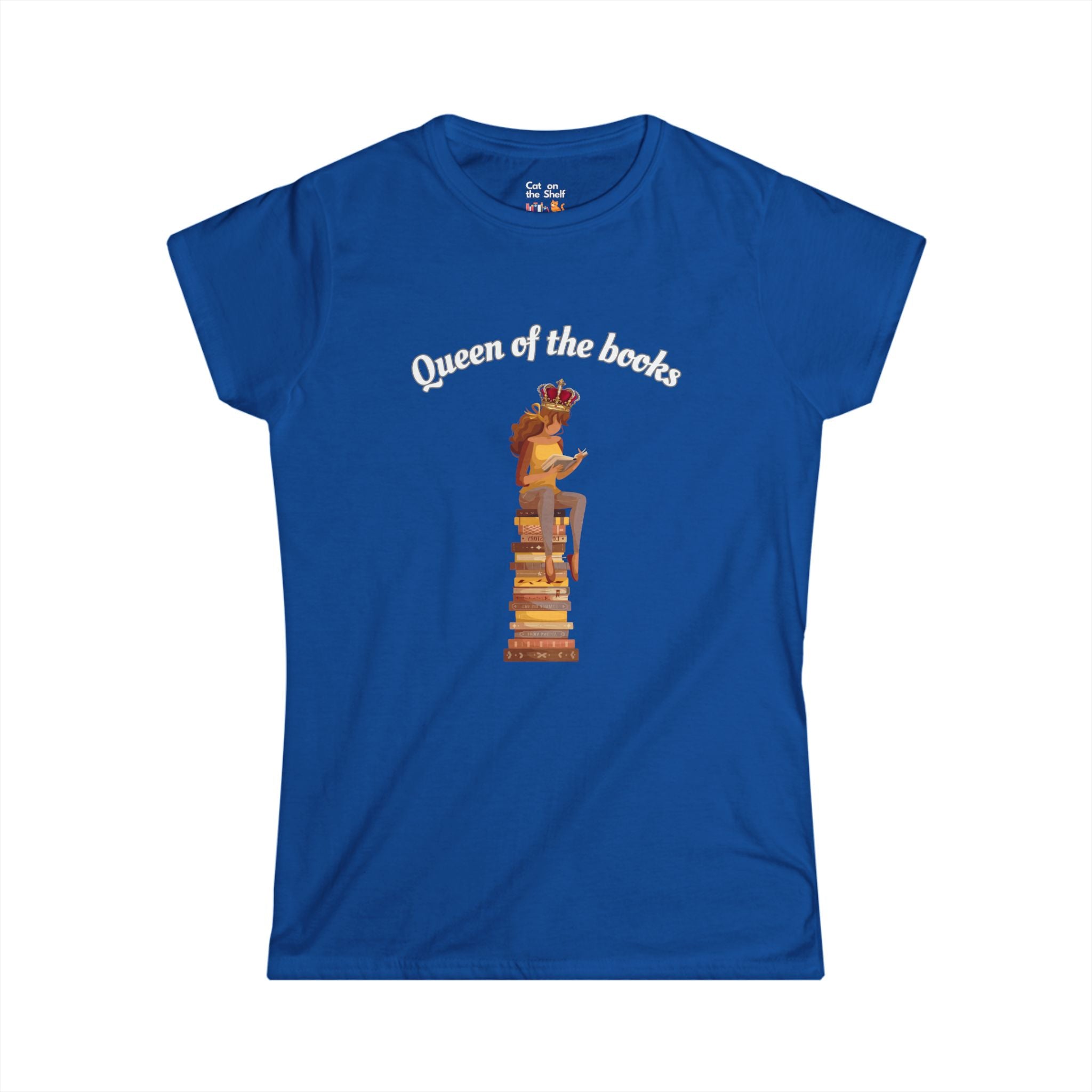 Queen of the Books Girl on Stack of Books Women's Soft Tee